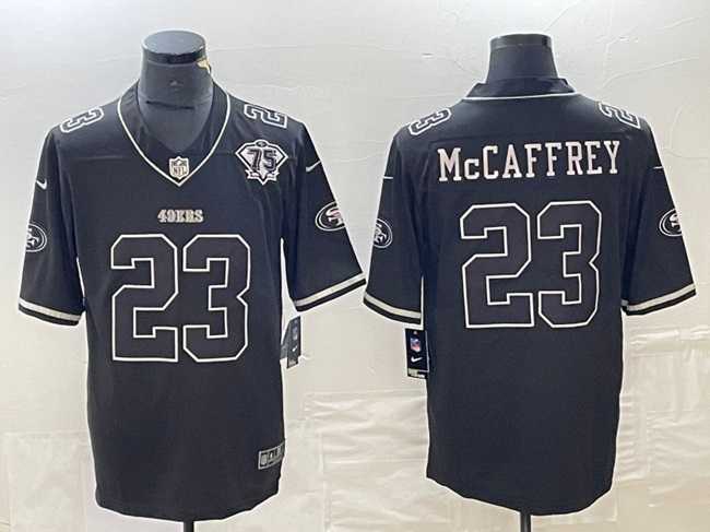 Mens San Francisco 49ers #23 Christian McCaffrey Black With 75th Anniversary Patch Football Stitched Jersey->san francisco 49ers->NFL Jersey